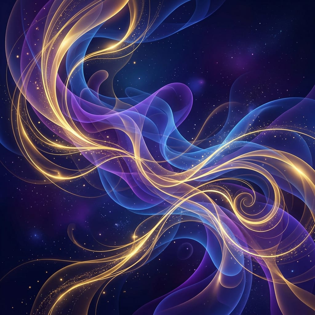Abstract translucent shapes, swirling lines, deep blue gold purple
