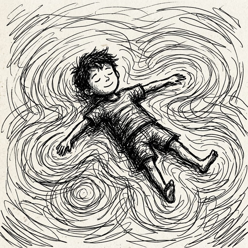 Scribbled boy floating peacefully on water ripples